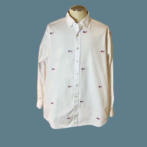 EUC Mens Vineyard Vines Slim Fit Murray Shirt White American Flag Whales XXL 2XL - Picture 1 of 3